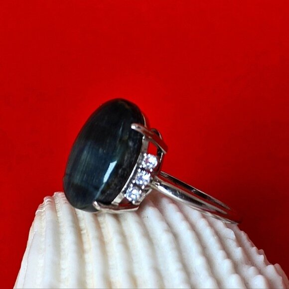 Natural Blue Tiger Eye & CZ 925 Sterling Silver Ring - Picture 7 of 10